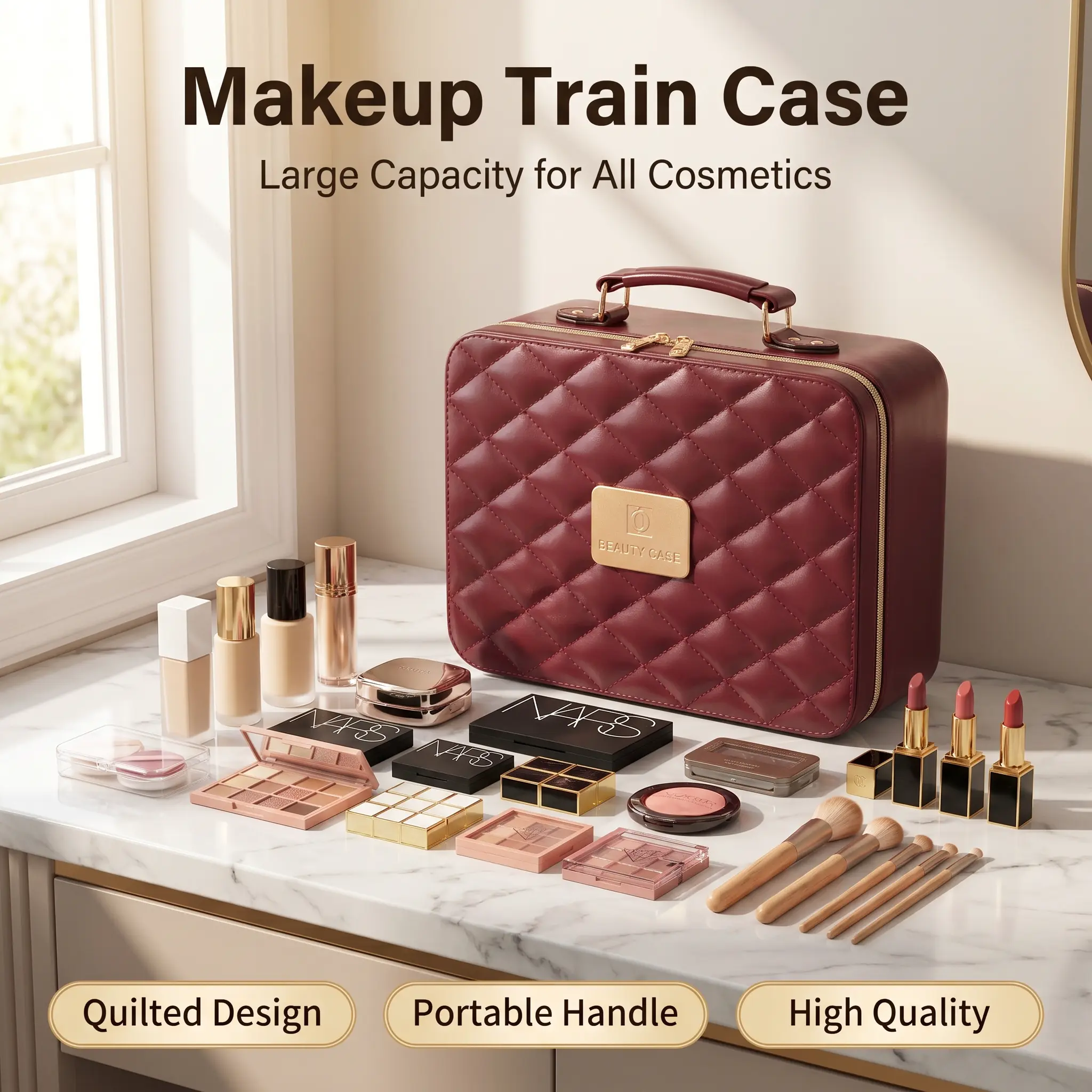 Luxury-Style Retro Makeup Bag， Mirror-Encrust Makeup Case, Chic PU Leather Portable Vanity with Handle, Dustproof Multi-Compartment Handbag for Travel & Bag Organization