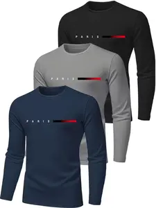Men's Geometric Print Long Sleeve Sporty T-Shirt Set, Lightweight Breathable Quick-Dry Fitness Running Top, 3 Piece Pack, Athletic Workout Clothing