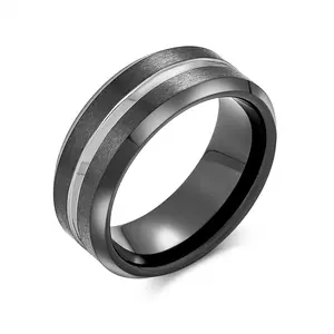 Black Silver Two Tone Center Couples Wedding Band Titanium Rings 8MM