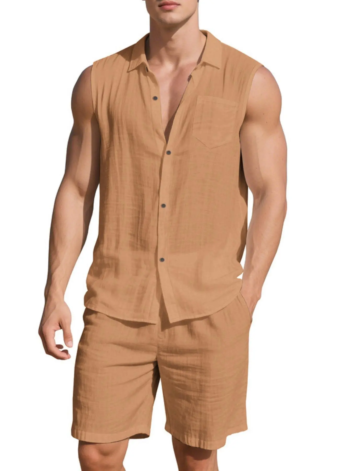 Men's Solid Plain Notched Lapel Cardigan Linen Sleeveless Vest Shorts Set, Regular Fit Casual Short Sleeve Button Front Top & Shorts, Men's Summer Outfits Clothes