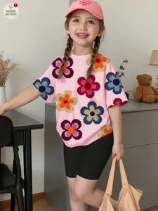 Girls' Sweet Bow Floral Print Set, Casual 2-Piece, Comfortable Elastic Waist Shorts, Spring Summer Daily Wear, Ages 4-12