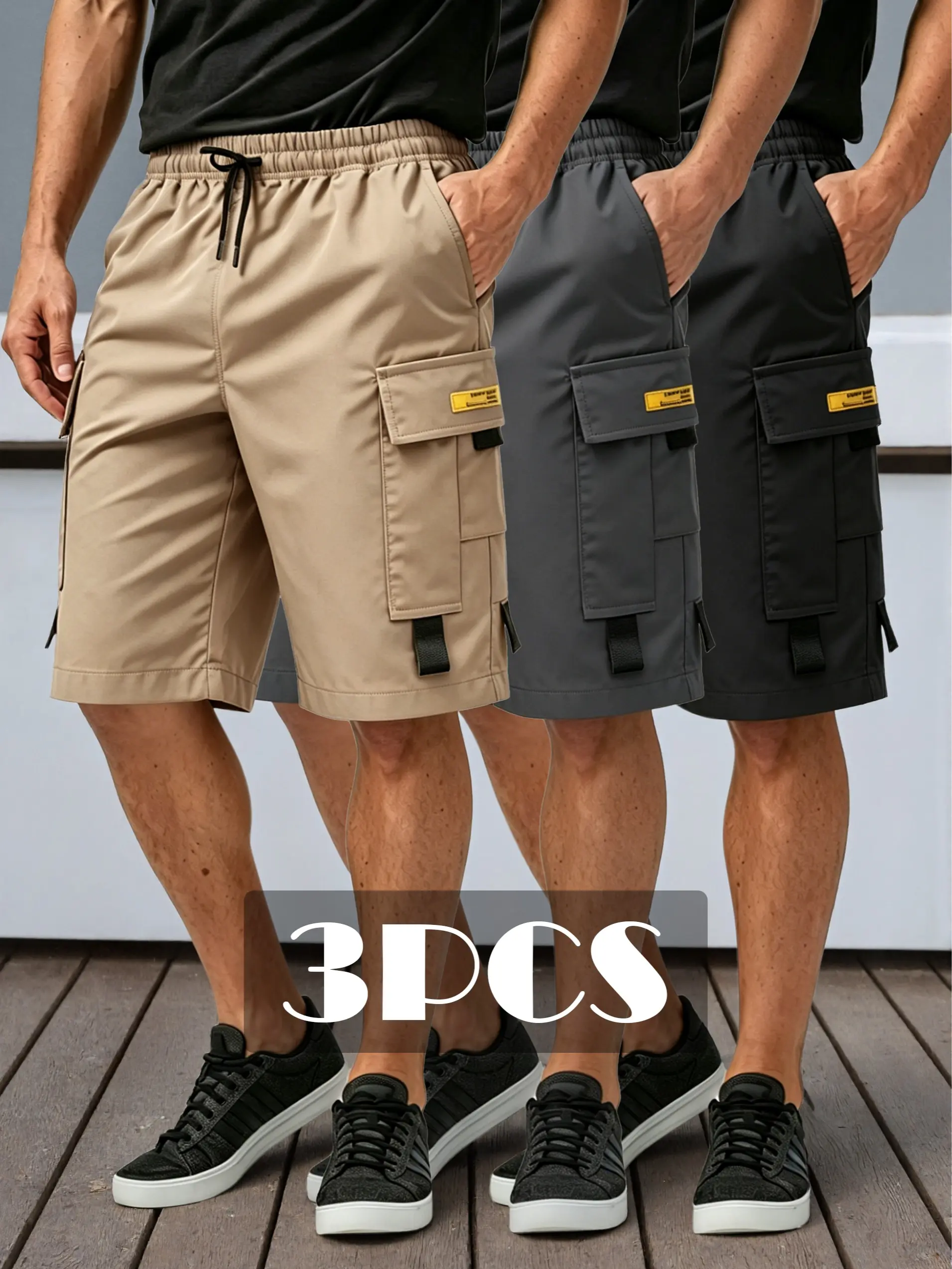 3-Pack Men's Streetwear Cargo Shorts, Elastic Drawstring Waist Multi-pocket Utility Shorts, Solid Color Casual Techwear Shorts for Summer