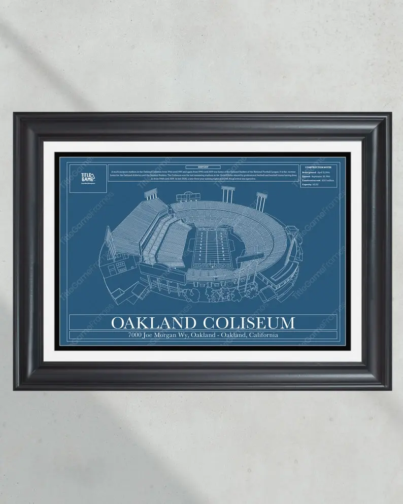 Oakland / Las Vegas Raiders Oakland Coliseum Stadium Blueprint Football Print 1