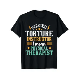 Men's Round Neck Short Sleeve Graphic T-Shirt - Funny Physical Therapist "Personal Torture Instructor" Saying, Black with Orange-Teal Lettering, Unisex Regular Fit Cotton Top (S-XXXL), Breathable Streetwear Gift for PT Professionals, Shortsleeve