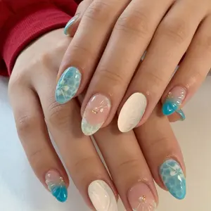24pcs Ocean Shell Flower Nail Stickers, Short Oval Press-On Nails, 3D Gel Shell, Pearl, Gold Bead Decor, Summer Manicure Essential