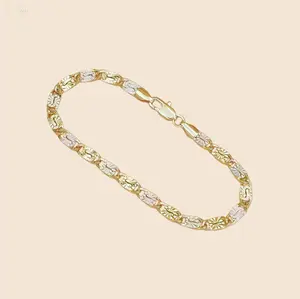 Tri-Color Gold Plated Chain Bracelet, Textured Flower Pattern Link,  Rose Gold & Silver Stackable Jewelry for Women