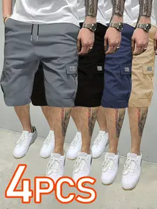 4pieces 4counts 4pcs Men's Summer Casual Outdoor Shorts, Wear-Resistant Workwear Pants, Multiple Pockets, Fitted Elastic Waist, Plain Color, 4 Pieces Set