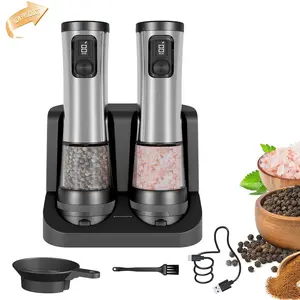 Electric salt and pepper grinder set, 5 adjustable grinders, salt and pepper shakers, with LED light, Type-C charging port, base with storage, suitable for barbecue and home kitchen, cooking gadgets, holiday gifts，womens christmas gifts