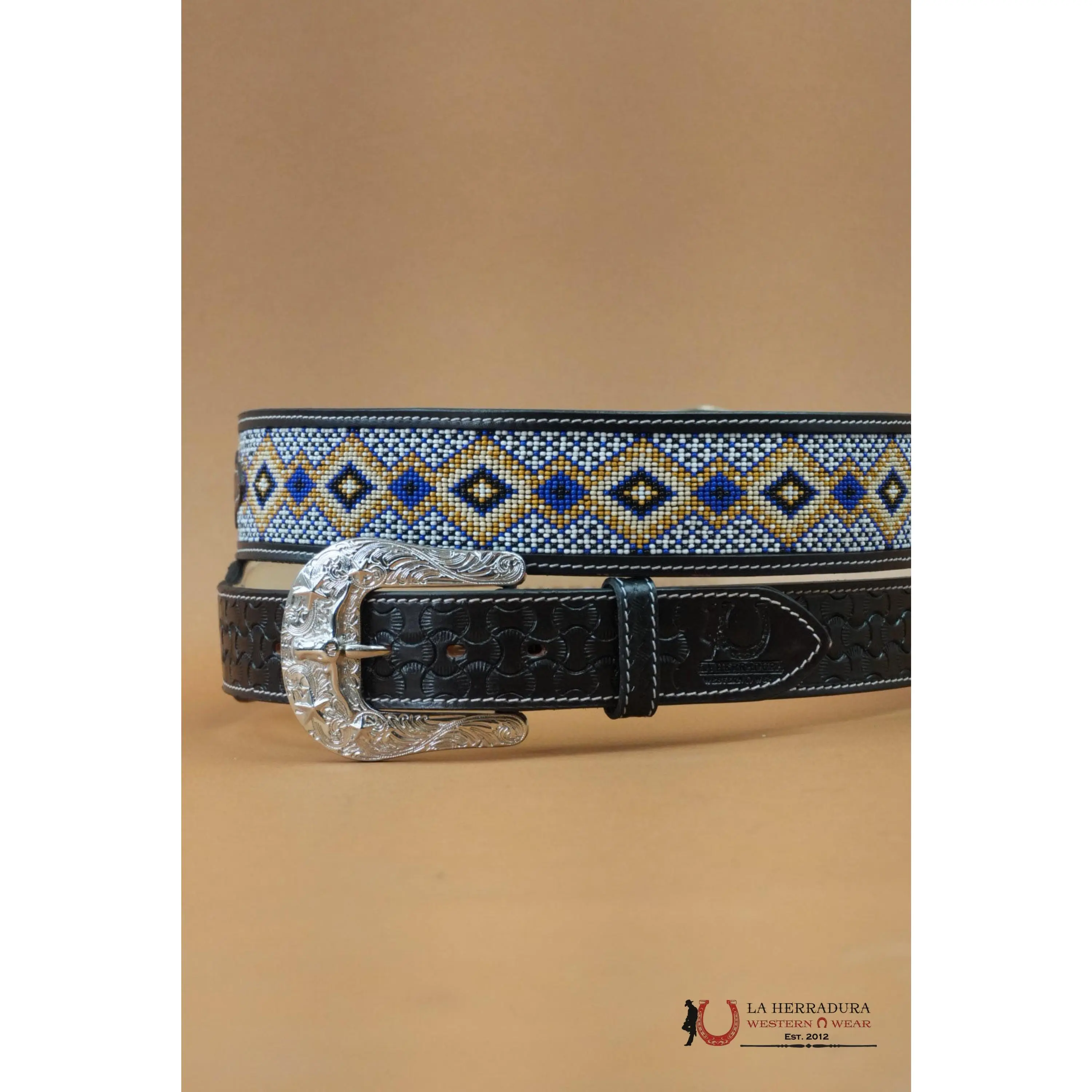 Hand-Tooled Aztec Fashion Belt with a Blue and Gold Design - Exquisite and Trendy Statement Accessory, Fashion Belts, Trendy Exquisite Belt