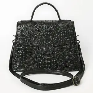 Black Crocodile-Embossed Leather Western Messenger Bag