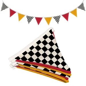 Boys Room Checkered Flag Banner 5.5Ft, Cars Room Decor for Toddler Nursery Playroom, Black and White Checkered Garland Triangle Banners for Baby Shower Birthday Party - Red & Yellow