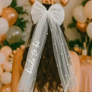 Short Pearl Bow Bride Veil with Embroidery Design, Bridal Hair Clip for Bachelorette Party, Wedding, Engagement & Event Decorations