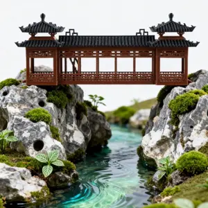 Micro Scale Model Corridor Building for Fish Tank Bonsai Rockery Scenery, Traditional Style, Portable Figurine & Miniature