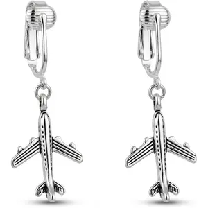 Silver Airplane Clip On Dangling Earrings