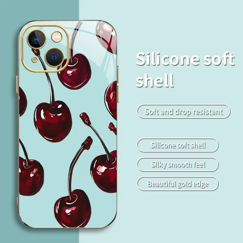 Vintage Cherry Coquette Phone Case, Glossy Dark Fruit Aesthetic, Gold Edges, Soft Cover for iPhone 14 Plus — 975