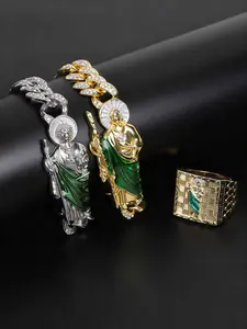 3pcs/set Religious Charm Enameled Saint Jude Pendant Bracelet & Ring Set, High-Quality Zinc Alloy Fashion Jewelry Religious Symbolism Enamel Finish for Men & Women