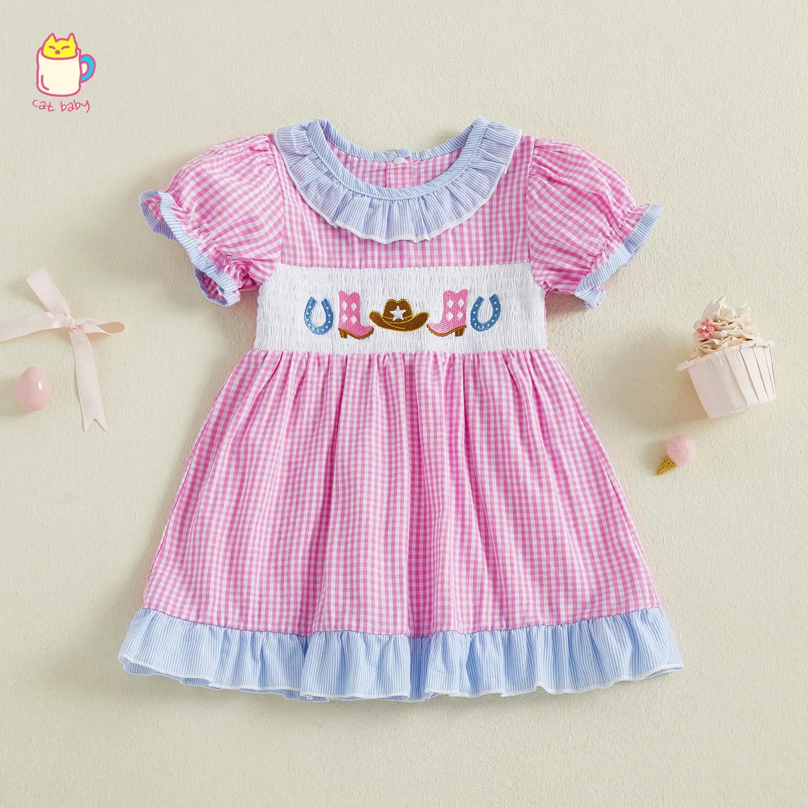 Toddler Baby Girl Dress Puff Sleeve Western Theme Embroidery Smocked Plaid Ruffle Dresses Summer Clothes Farm Outfit