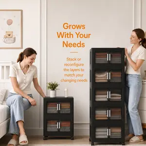 5-Tier Stackable Plastic Storage Bins with Lids - Collapsible Rolling Organizers for Aerobics Space, Living Room