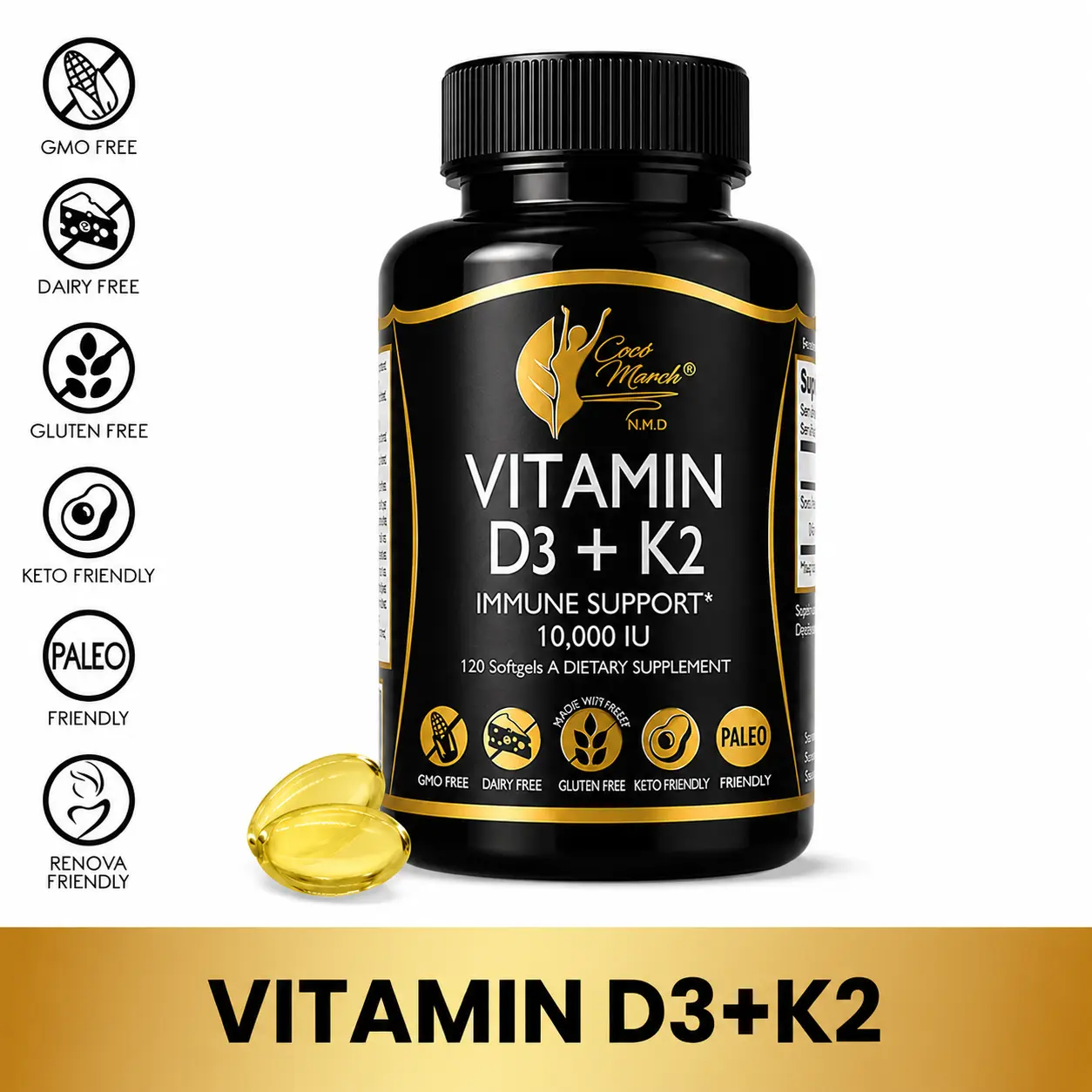 Coco March N.M.D Vitamin D3 + K2 Dietary Supplement, 120 Softgel Capsules Healthcare Fitness