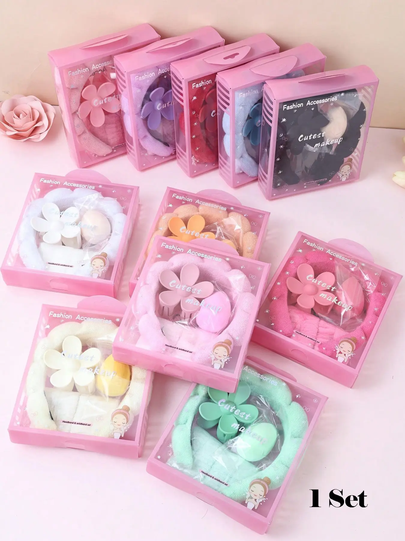 5 Pcs Girls Soft Beauty Makeup Sponge & Spa Headband & Wristbands with Large Vibrant Floral Hair Claw Clip, Fashion Accessories Hair Accessories Gift Set with Delicate Box, Suitable for Party & Daily Use