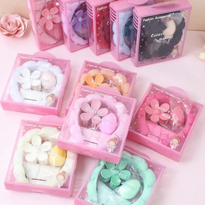 5 Pcs Girls Soft Makeup Sponge & Spa Headband & Wristbands with Large Vibrant Floral Hair Claw Clip, Fashion Accessories Hair Accessories Gift Set with Delicate Box, Luxurious Feel, Suitable for Party & Daily Use