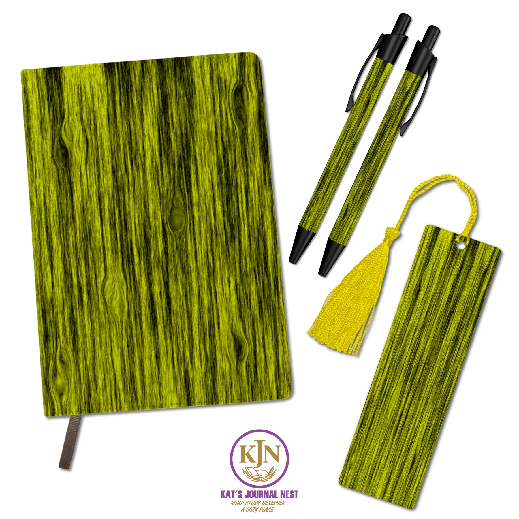 Grain & Grace Wood Grain PU Leather Journal Essentials Bundle – Personalized Name + Initial Monogram Notebook with Pens & Bookmark  Kat’s Journal Nest