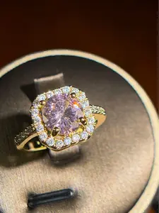 *GLORIOUS AURORA*   Item#00000017  European 14K Gold Plated Halo Four-Prong Setting Round-Cut Large Pink Cubic Zirconia Adjustable Fashion Ring (Center Stone 2 Carat, Ring Size 6.5 and Up)