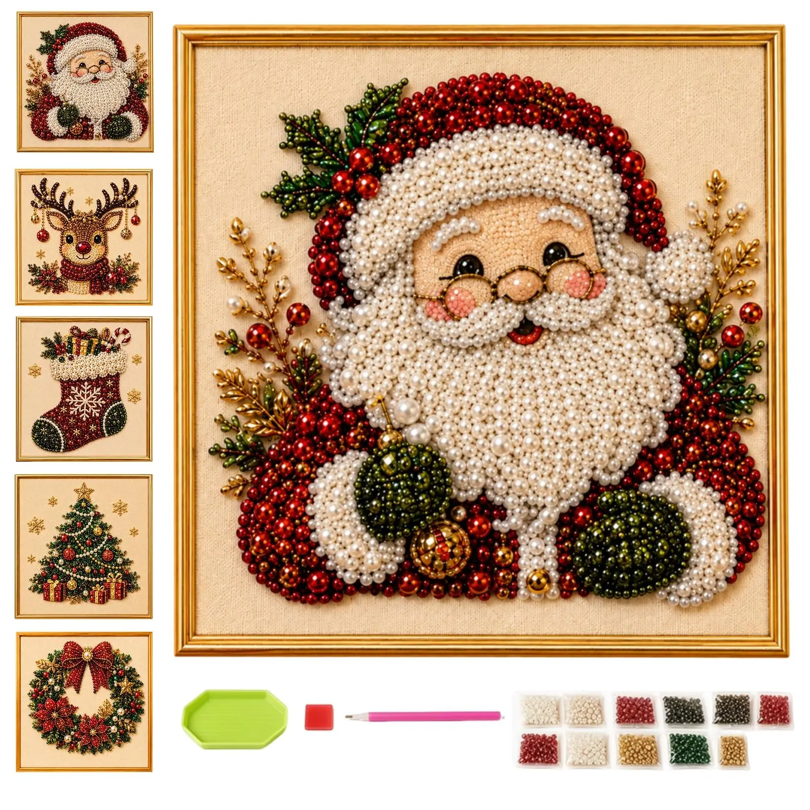 DIY Christmas Pearl Diamond Painting Art Kit with Frame, 3D Beaded Craft Mosaic for Adults Beginners Santa Tree Reindeer Wreath Stocking Home Wall Decor Relaxing Stress Relief Gift