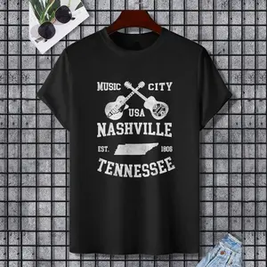 Nashville TN Tennessee COUNTRY Music Lover Tee Travel T-Shirt, 100% Cotton, Single Side Printed, Black Short Sleeve T-shirt, Gift for Family Friends, S-XXXL, 1 pc, Fabric Weight 180g