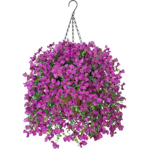 Artificial Hanging   with Basket for Outdoors, Realistic Faux Silk Daisy Flower Eucalyptus for Spring Decor, UV Resistant   for Porch Patio Yard Balcony, Purple