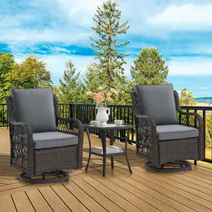 OUTGOODS 3 Pieces Patio Furniture Set,Outdoor Swivel Rocker Patio Chairs, Wicker Patio Bistro Set with Rocking Chair, Thickened Cushions and Coffee Table for Backyard, Garden