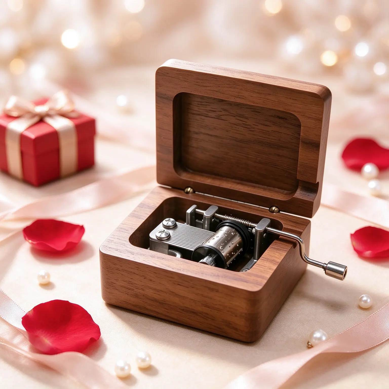 Mechanical Handmade Walnut Wood Hand-Crank Music Box - Plays "You Are My Sunshine", Metal Accents, Lid Storage for Photo/Message, 2.5*2.3*1.4 Inches, Casual Ideal Gift for Best Friends & Engagement, Home Decor