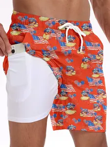 Men's Short Swim Trunks with Cartoon Duck Print Outer Layer, Fitted Inner Lining, Perfect for Pool and Beach Use, Casual Style