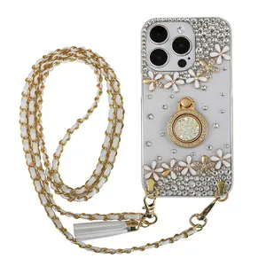 Handmade Bedazzled iPhone Case  PVC Shockproof + Corner Cushion | Bling Crossbody Cover iPhone 15/iPhone 16/iPhone 17 Series
