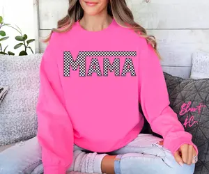Vans Inspired Checkered "Mama" Crewneck Sweatshirt in Hot Pink and other Specialty Colors TTS 1 1511x13