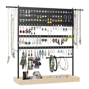 Earring Organizer Holder,Jewelry Stand Holder with Wooden Tray,3-Tier Ear Stud stand with Necklace Holder,Jewelry Organizer for Earrings Necklaces Bracelets and Watches(Black) …