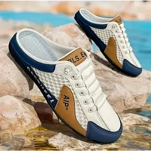 Men's Non slip beach Slippers - All season with cushioned PVC sole, anti slip grip suitable for walking, camping, and vacation-White and navy blue accents Lightweight indoor and outdoor dual-use, trendy casual shoe, Footwear, sandal