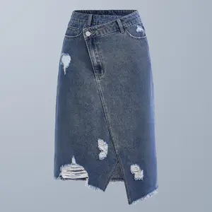 Odefou Women's Ripped Denim Skirt Asymmetrical Midi Hem Y2K Trending Mini Fall Winter Outfit Christmas New Year Party Look Viral Clothing Trim Zipper Fly with Pockets Womenswear