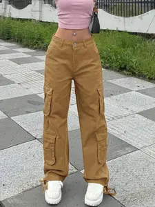 Low Waisted Denim Pants For Women - Mid Waist Loose Fit Work Pants With Drawstring Hem And Multiple Pockets, Casual Work Pants Suitable For Daily Wear
