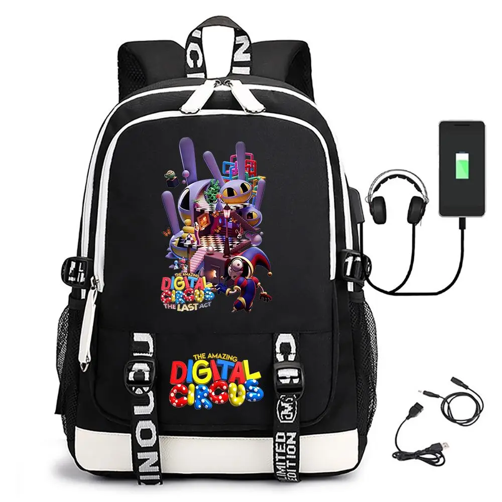 The Amazing Digital Circus USB Charging Port Backpack Pomni Jax Ragatha Cartoon Print Teen School Laptop Daypack