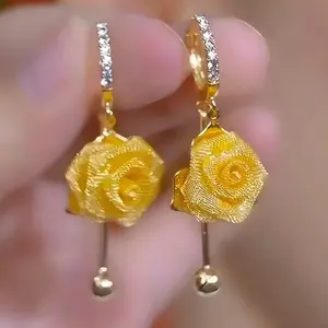 Rose Flower Tassel Earrings 14K Gold Plated Vintage French Inspired Hoop Earrings, Sparkling Floral Drop Statement Jewelry Chic Fashion Style DZEH4249