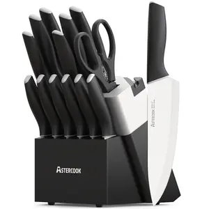 Astercook 14-Piece Kitchen Knife Set with Knife Block & Sharpener, Ceramic Coated Stainless Steel, Dishwasher Safe, Modern Home Cooking Cutting Carve
