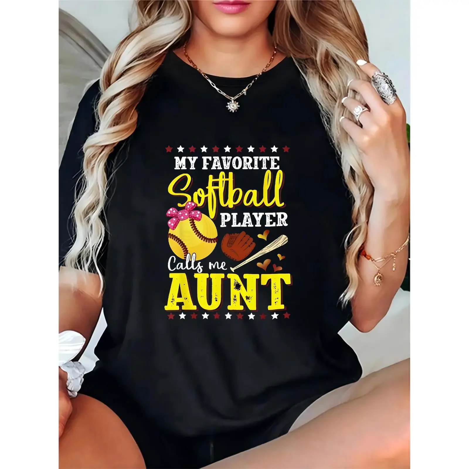 Women's "My Favorite Softball Player Calls Me Aunt" T - Shirt, Softball Graphic Tee with Softball (Pink Bow), Glove, Bat, Hearts & Stars, Casual Game Day/Everyday Wear for Softball Aunts 100% Cotton T-shirt