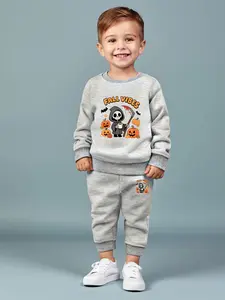 Boys' Halloween Cartoon Hoodie Set, Cute Death Pumpkin Letter Print, Casual Long Pants Suit, All Seasons Wear, Thin Fabric, Sweatshirts Sweatpants, Clothing Sets