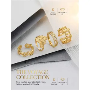 4pc Light Luxury Elegant Star and Green Leaf Shaped Gold Plated Women's Stainless Steel Ring Waterproof Adjustable Daily Casual Wear Jewelry
