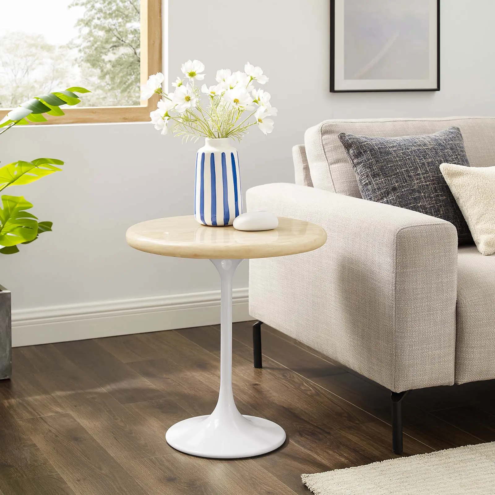 Modway Lippa 20" Round Artificial Travertine Modern Accent Side Table - White Chip-Resistant Finish, Metal Pedestal, Ideal for Sunrooms, Assembly Required