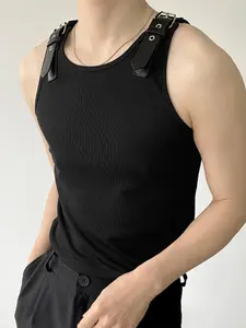 INCERUN Men's Fashion Simple Leather Shoulder Strap Solid Color Round Neck Sleeveless Vest, Suitable For Daily Wear