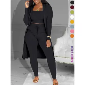 Three-piece solid-color ribbed square-neck crop top set with a drawstring-waistband pair of pants and an open-top design—an elegant yet comfortable outfit for everyday wear, women’s set GARMENTARY