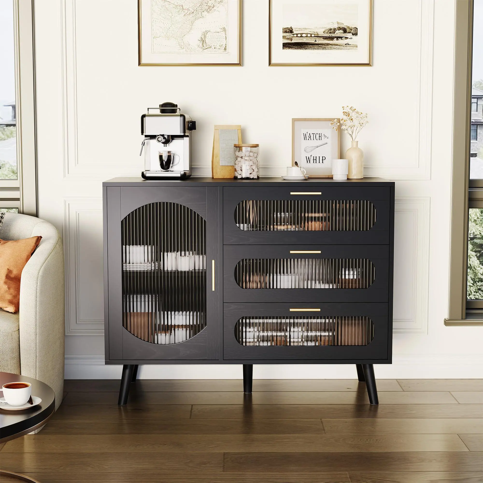 GARVEE Sideboard Buffet Cabinet with Fluted Glass Doors and Drawers, Cabinet with Storage, Black Sideboard for Kitchen, Dining Room, Living Room