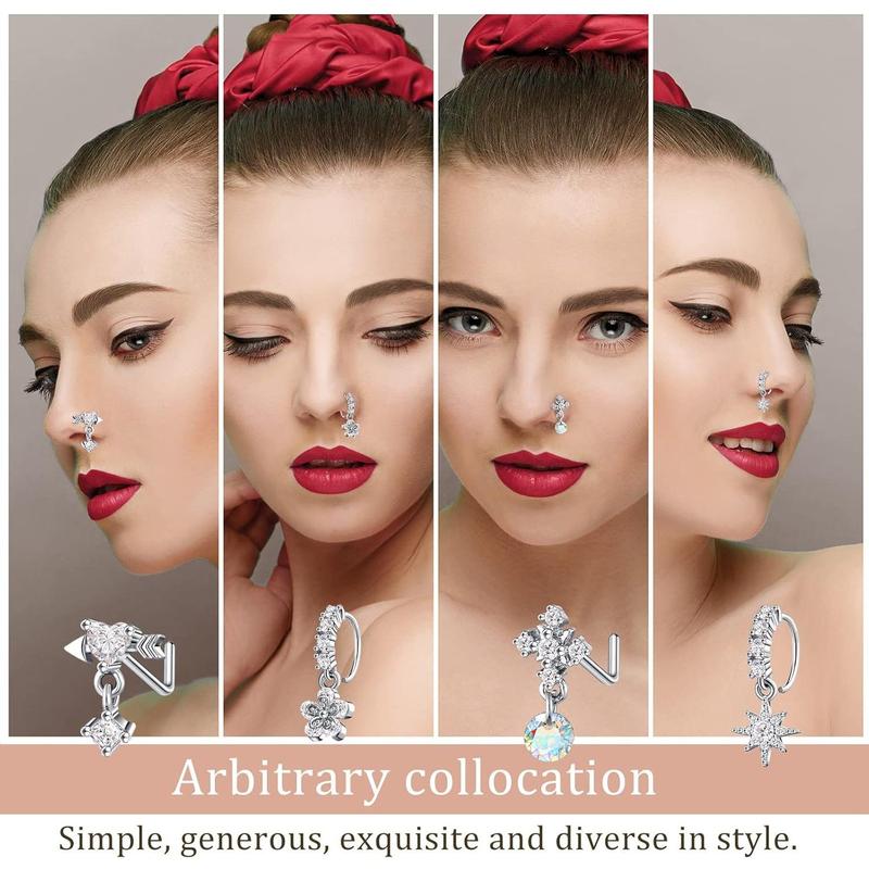 48 Pcs Dangle Nose Rings for Women Nose Piercings Jewelry Studs Hoops with Charm Stainless Steel Indian Nostril Rings for Women